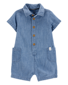 Baby Solid Cotton Blend Romper - Blue, image 1 of 4 slides