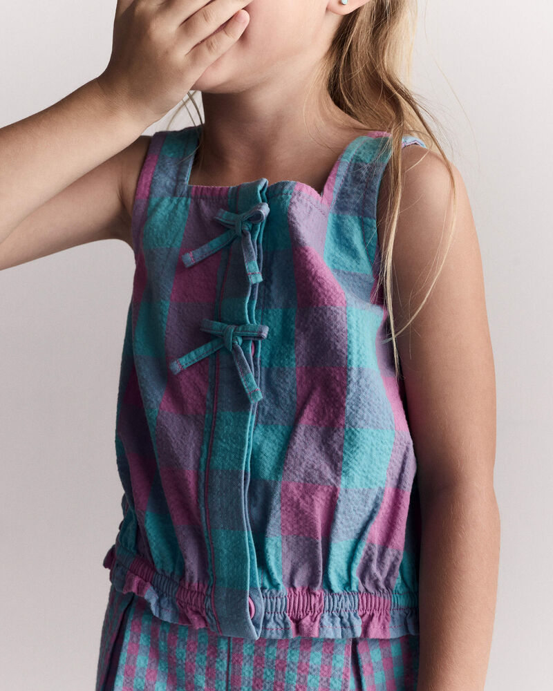 Toddler Girl Gingham Peplum Top with Bows - Purple/Blue, image 1 of 6 slides