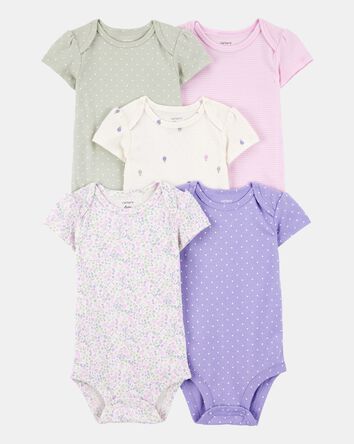 B&eacute;b&eacute; fille - Emballage de 5 cache-couches &agrave; manches courtes &agrave; motifs de fleurs et pois, 
