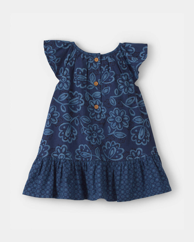 Baby Girl Floral Ruffle-Sleeve Linen Dress - Blue, image 2 of 5 slides