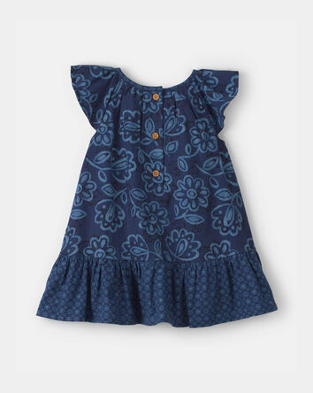 Baby Girl Floral Ruffle-Sleeve Linen Dress - Blue, 