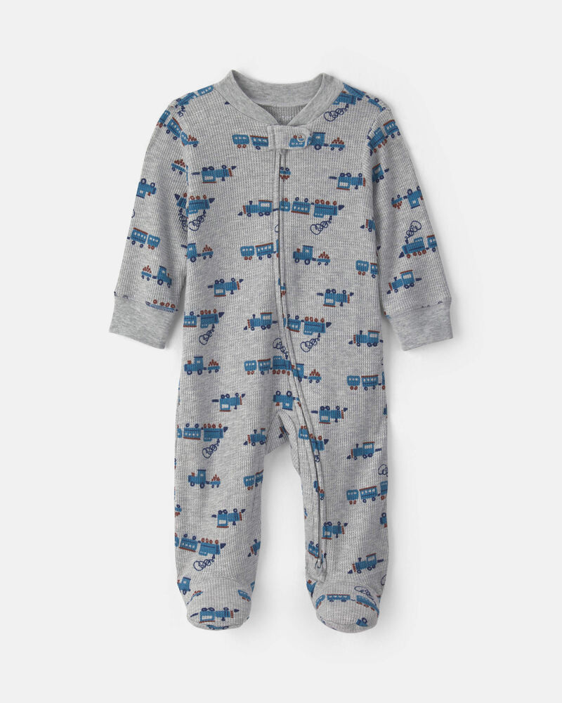 Baby Boy Train Cotton 2-Way Zip Thermal Sleeper - Grey, image 1 of 5 slides