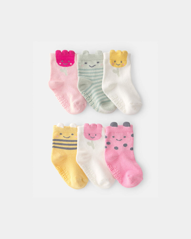 Baby Girl 6-Pack Floral Critter Socks - Pink/Yellow, image 1 of 2 slides