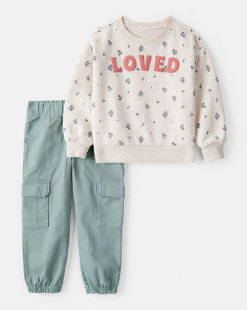 Toddler 2-Piece "Loved" Pullover Sweatshirt & Pant Set - Cream/Green, 