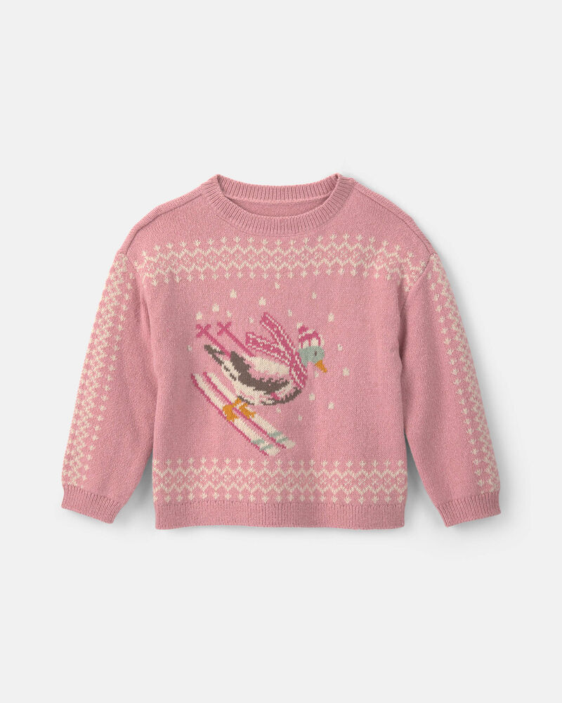 Toddler Girl Duck Skiing Fair Isle Sweater - Pink, image 1 of 3 slides
