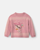 Toddler Girl Duck Skiing Fair Isle Sweater - Pink, image 1 of 3 slides