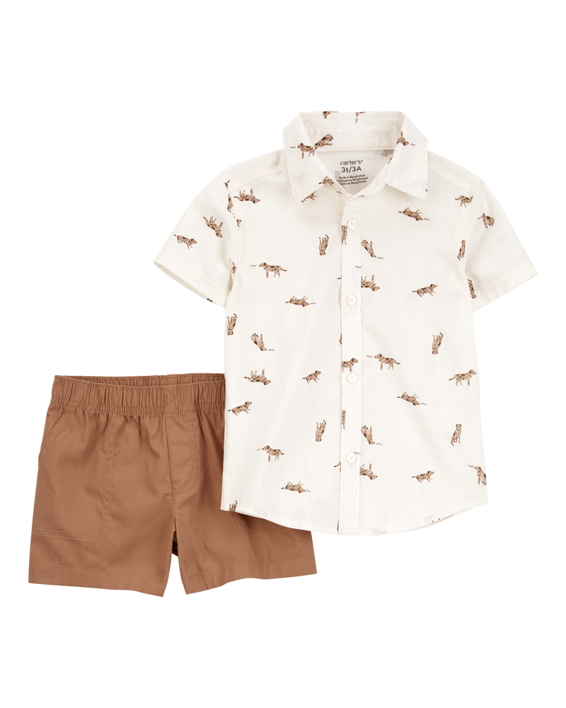 Baby 2-Piece Dog Button-Down Shirt Outfit Set - White/Brown, image 1 of 3 slides