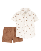 Baby 2-Piece Dog Button-Down Shirt Outfit Set - White/Brown, image 1 of 3 slides