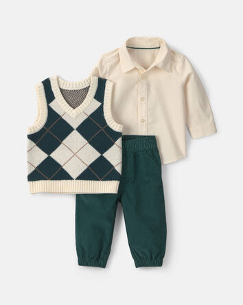 Baby Boy 3-Piece Argyle Layering Set - Green/Cream, 