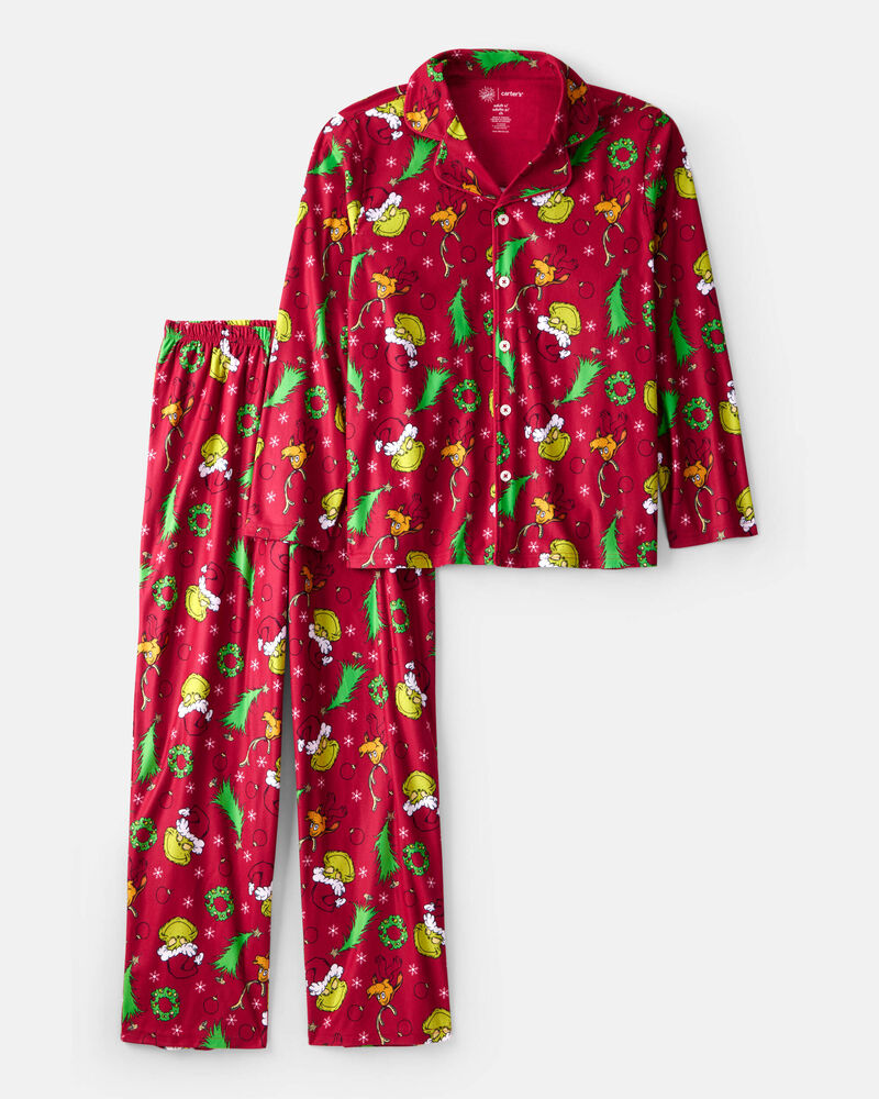 Adult Dr. Seuss&trade; The Grinch Print Fleece Long-Sleeve Loose Fit 2-Piece Pajamas - Red, image 1 of 3 slides