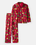 Adult Dr. Seuss&trade; The Grinch Print Fleece Long-Sleeve Loose Fit 2-Piece Pajamas - Red, image 1 of 3 slides