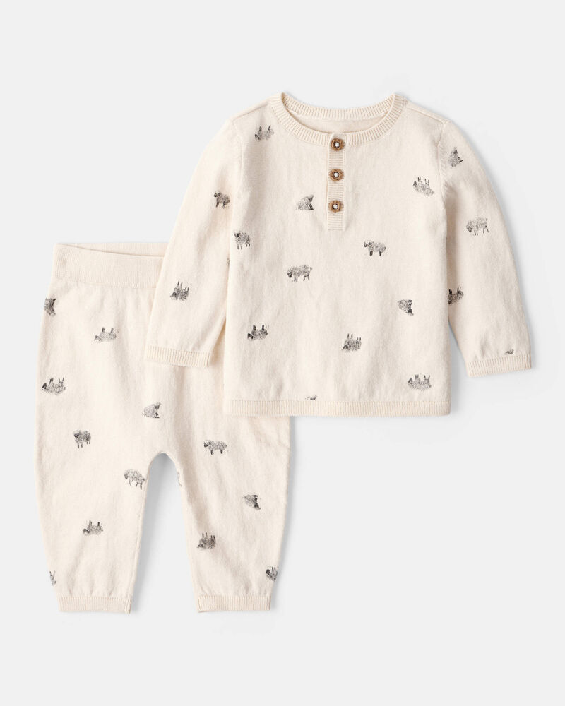 Baby Boy 2-Piece Sheep Print Cotton Long-Sleeve Tee & Pant Set - Ivory, image 1 of 3 slides