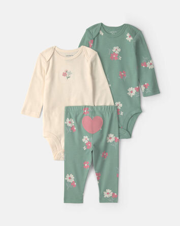 Baby Girl 3-Piece Heart Floral Long-Sleeve Bodysuit & Pant Set - Green/Cream, 