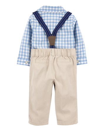 Baby 3-Piece Gingham Suspender Pant Set - Blue/Khaki, 