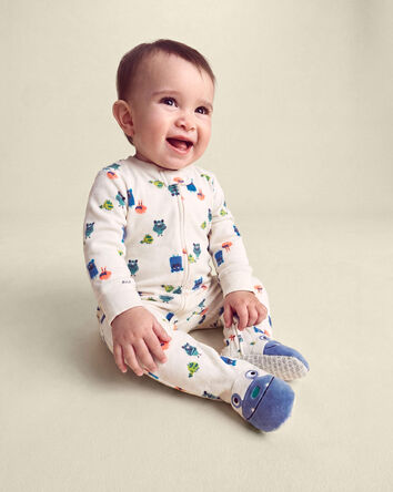 Baby Boy 1-Piece Monster 2-Way Zip DreamPlush Snug Fit Footed Pyjama - Cream, 