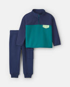 Baby Boy 2-Piece Color Block Fleece Pullover & Pant Set - Navy Blue/Green, image 1 of 5 slides