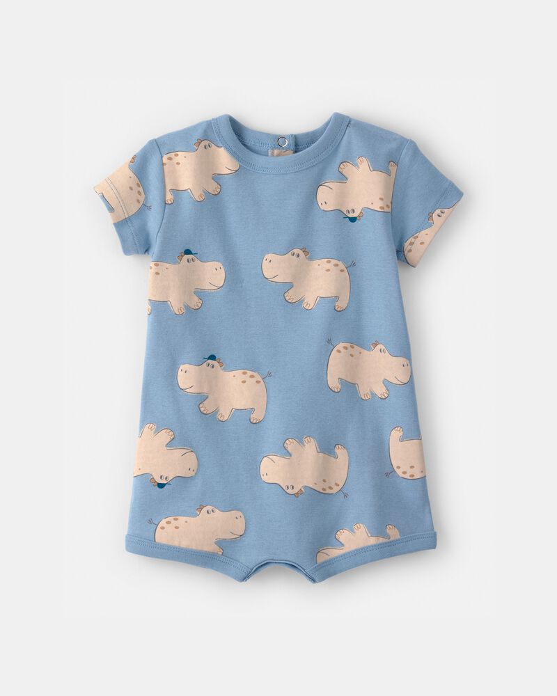 Baby Boy Hippo Short-Sleeve Romper - Blue, image 1 of 3 slides