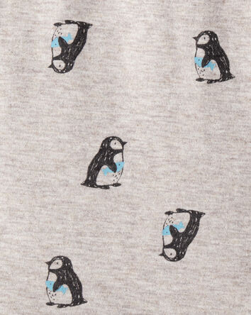 Baby Penguin Print Long-Sleeve Graphic Bodysuit - Grey, 