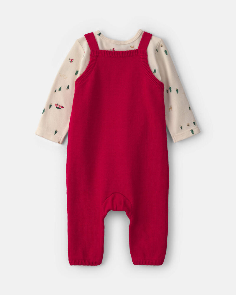 Baby Boy 2-Piece Reindeer Long-Sleeve Sweater Overall Set - Red/Cream, image 2 of 6 slides