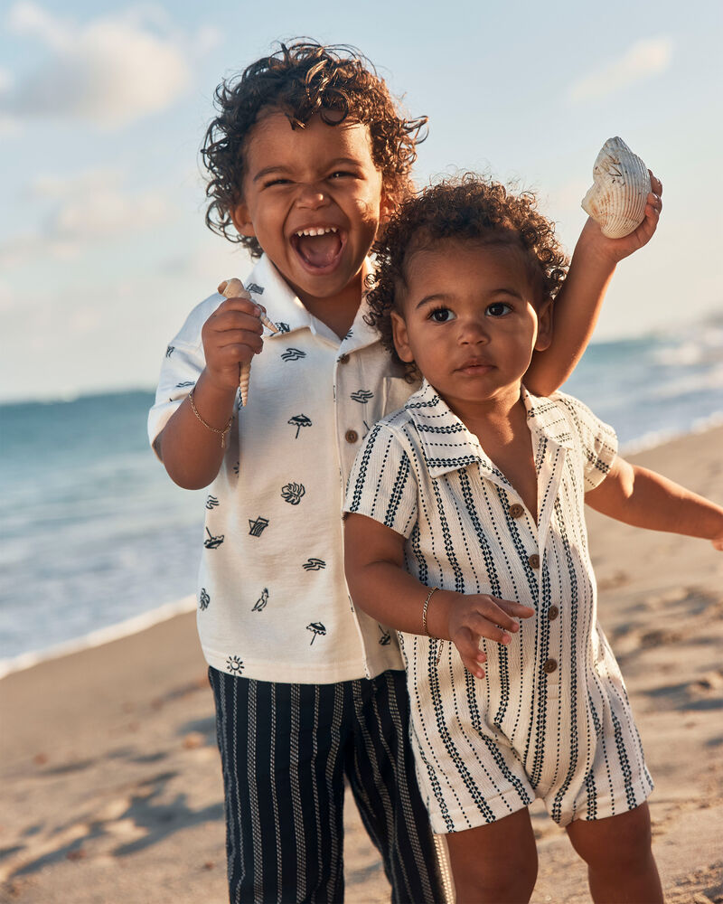 Toddler Boy Beach Short-Sleeve Button-Down Shirt - Cream/Black, image 3 of 5 slides