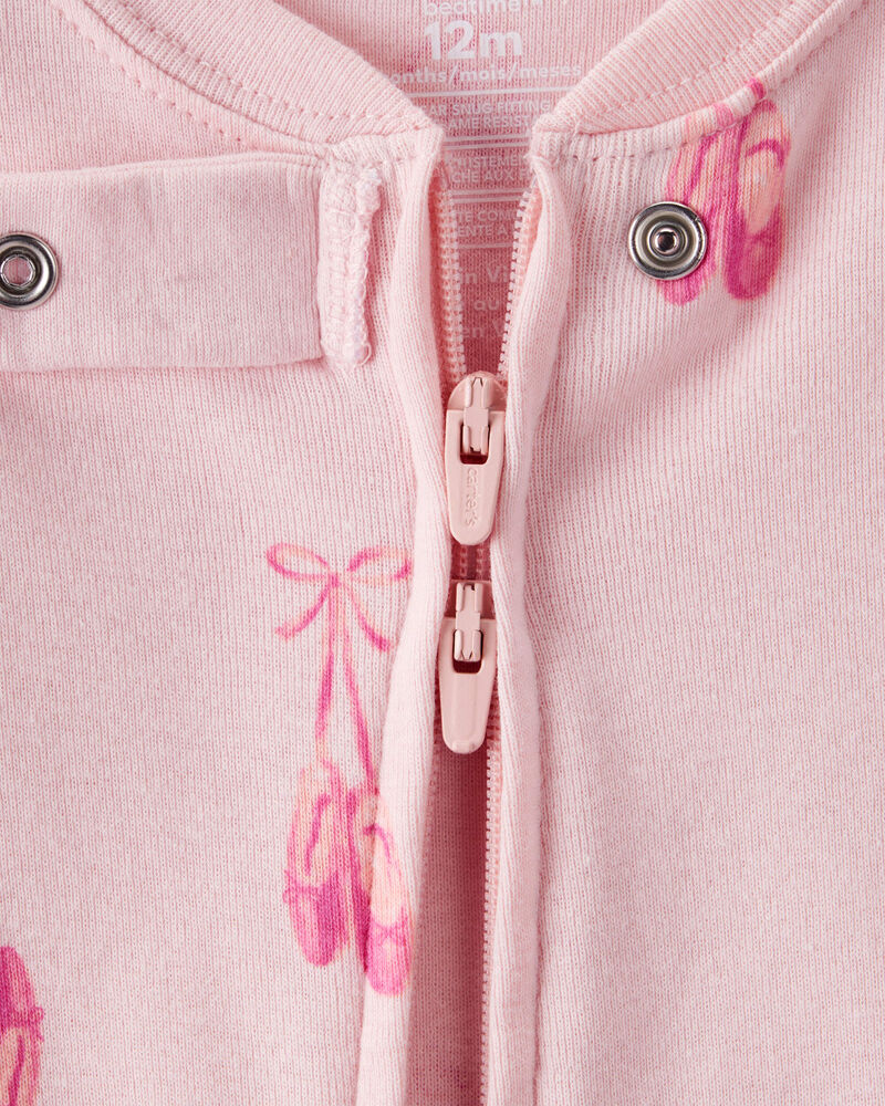 Baby Girl Ballet Print 100% Cotton Long-Sleeve 2-Way Zip 1-Piece Pyjamas - Pink, image 2 of 5 slides