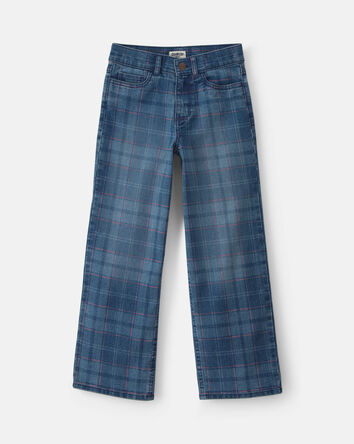 Filles - Jean jambe large en denim &agrave; carreaux - D&eacute;lav&eacute; moyen, 