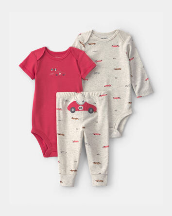 Baby Boy 3-Piece Race Car Bodysuit & Pant Set - Grey/Red, 