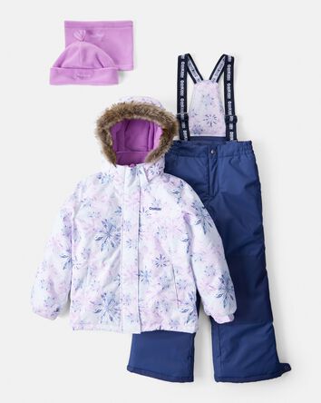 Filles - Ensemble de combinaison de neige à imprimé floral en taslan à 2 pièces - Blanc, 