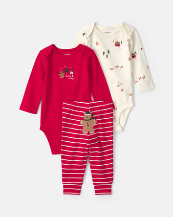 B&eacute;b&eacute; gar&ccedil;on - Ensemble 3 pi&egrave;ces cache-couches manches longues et pantalon &agrave; motif pain d&rsquo;&eacute;pice &ndash; Rouge/Cr&egrave;me, 