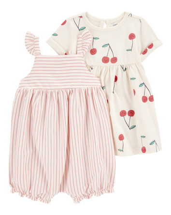 Baby 2-Piece Cherry Dress & Striped Romper Set, 