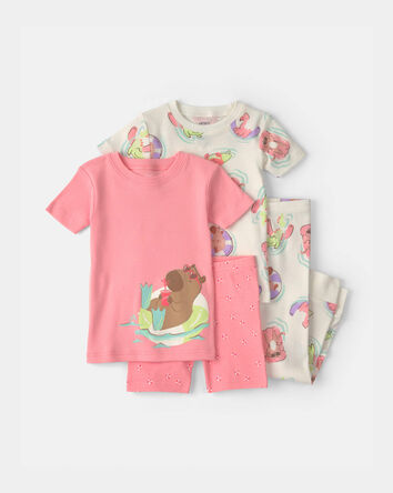 Toddler Girl Pool Party 100% Cotton 4-Piece Pyjama Set - Pink/Ivory, 