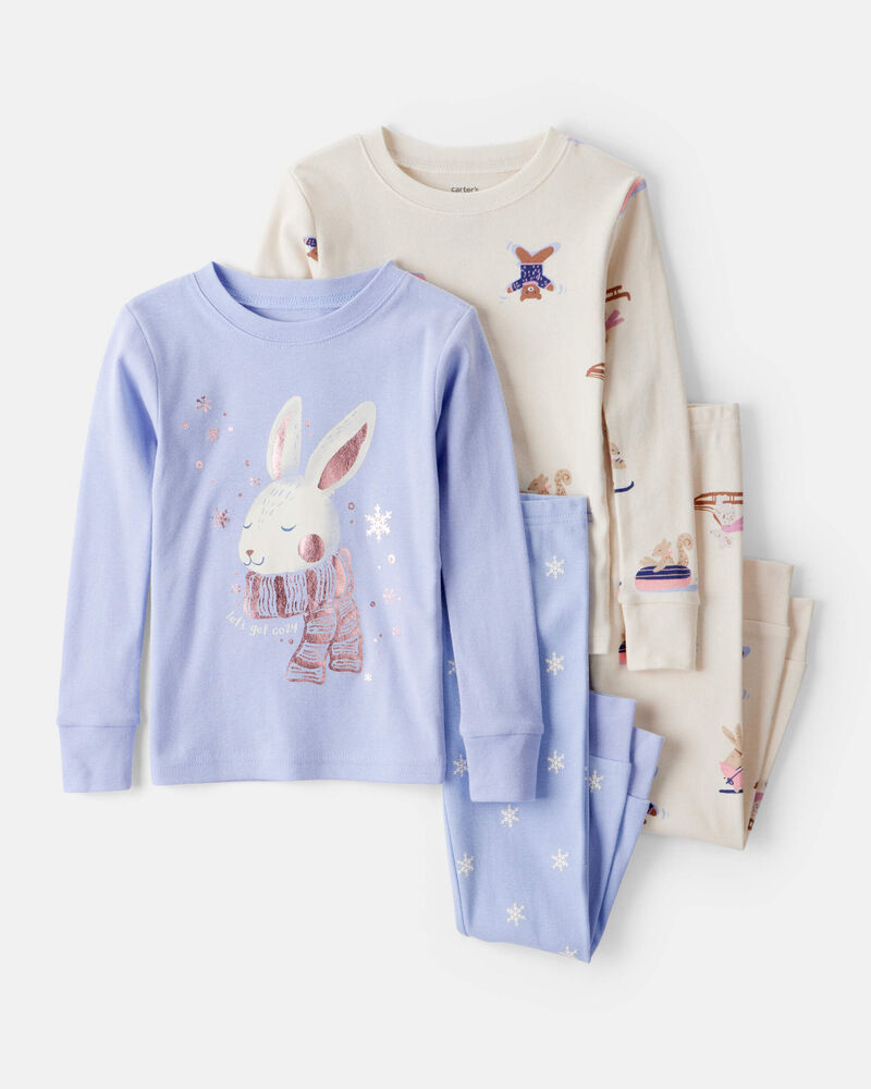 Toddler Girl Bunny Print 100% Cotton Long-Sleeve Snug Fit 4-Piece Pyjamas - Brown/Blue, image 1 of 4 slides