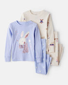 Toddler Girl Bunny Print 100% Cotton Long-Sleeve Snug Fit 4-Piece Pyjamas - Brown/Blue, image 1 of 4 slides