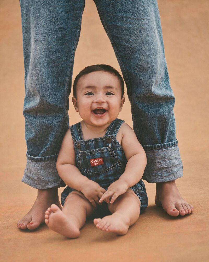 Baby Striped Denim Shortall - Dark Wash, image 2 of 9 slides