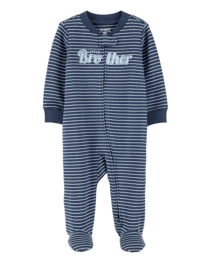 Baby Boy Striped Little Bro 2-Way Zip Cotton Sleeper, image 1 of 3 slides