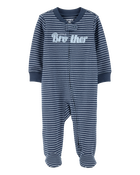 Baby Boy Striped Little Bro 2-Way Zip Cotton Sleeper, image 1 of 3 slides