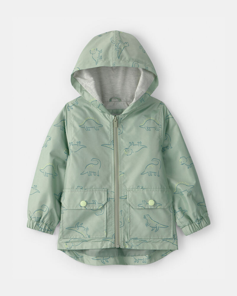 Toddler Boy Dinosaur Print Rain Jacket- Green , image 1 of 3 slides