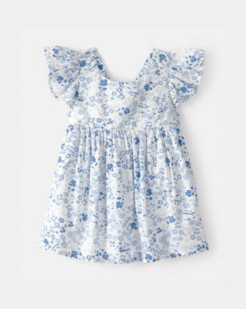 Baby Girl Floral Ruffle Dress - Blue/White, 