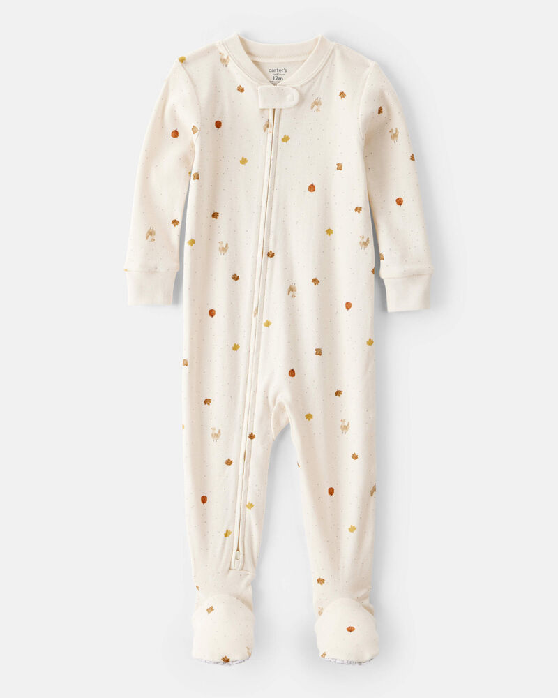 Toddler Thanksgiving Print 100% Cotton Long-Sleeve 2-Way Zip Footed 1-Piece Pyjamas - White, image 1 of 4 slides