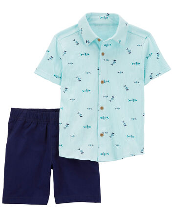2-Piece Fish Button-Front Shirt & Short Set, 
