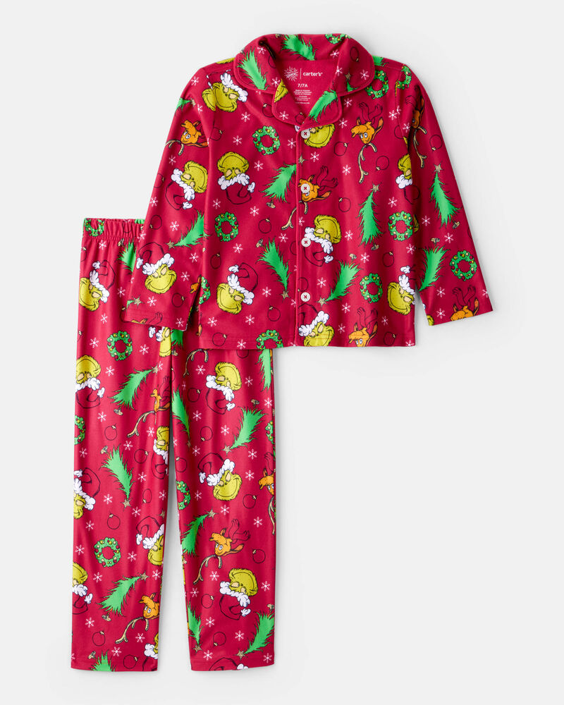Kid Dr. Seuss™ The Grinch Print Fleece Long-Sleeve Loose Fit 2-Piece Pajamas - Red, image 1 of 3 slides