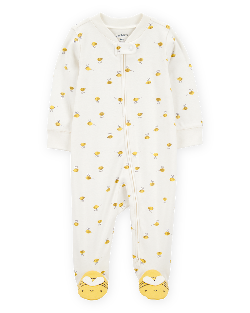 Baby Bee Print 2-Way Zip Cotton Sleeper Pyjamas - Cream, image 1 of 4 slides