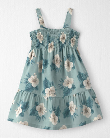 Tout-petit fille - Robe &agrave; smocks en lin avec coton biologique &agrave; motif hibiscus - Bleu, 