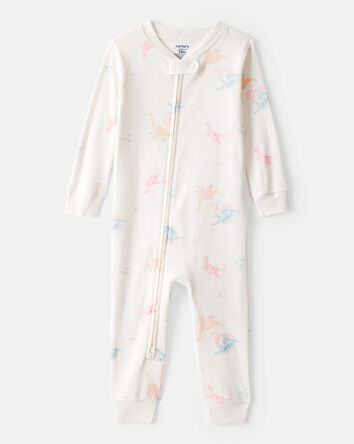 Toddler Girl Dinosaur Print 100% Cotton Long-Sleeve 2-Way Zip 1-Piece Pyjamas - White, 