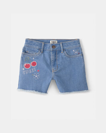 Girls Cherry Denim Embroidered Midi Shorts - Medium Wash, 