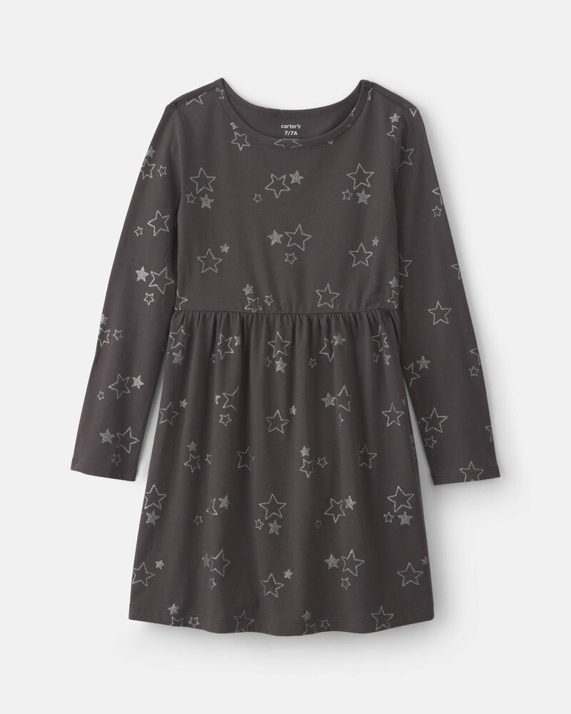 Girls Stars Long-Sleeve Dress - Grey, image 1 of 4 slides