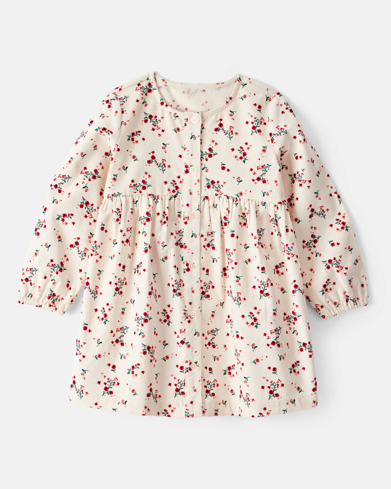 Toddler Girl Floral Print Corduroy Long-Sleeve Dress - White, image 1 of 4 slides