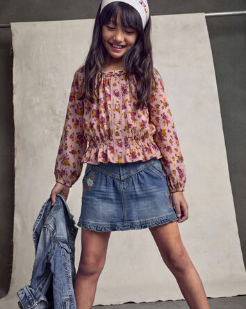 Girls Floral Denim Skirt - Light Wash, 