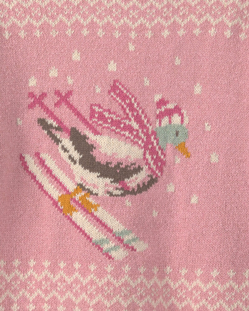 Toddler Girl Duck Skiing Fair Isle Sweater - Pink, image 2 of 3 slides