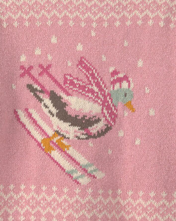 Toddler Girl Duck Skiing Fair Isle Sweater - Pink, 